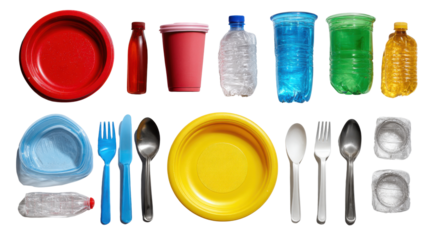 Plasticware Spectrum: An overhead view of various colorful plasticware items including plates, bottles, cups, spoons and forks showcasing a visual catalog for packaging and disposal