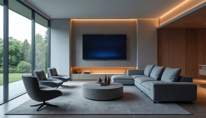 Modern smart home living room features comfortable grey sectional sofa, stylish armchairs, large TV displaying smart interface. Large windows offer views of green garden, creating serene, elegant