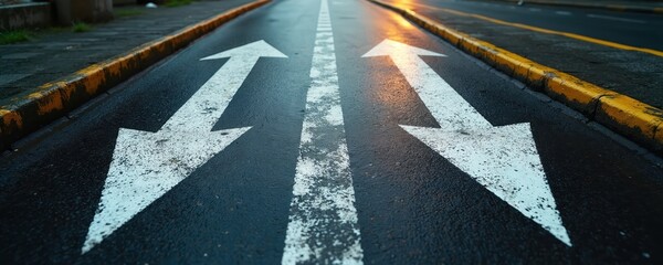 White painted arrows on wet asphalt road surface indicate choice of direction. Urban area street with yellow curb marking. Left and right directional signs guide traffic and pedestrians in city.