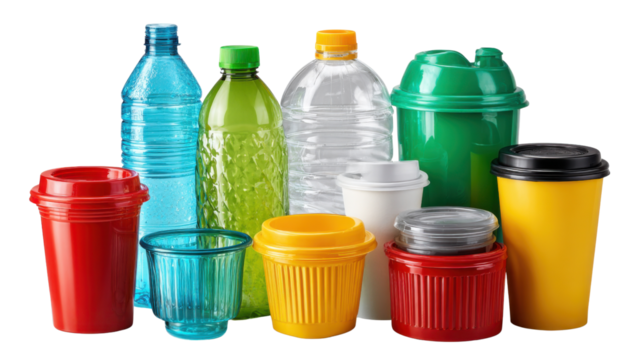 Vibrant Plastic Container Array: A colorful assortment of plastic bottles and containers of varied shapes and sizes, highlighting material diversity in everyday object.
