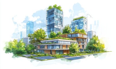 Sketch of sustainable urban architecture featuring green roofs, solar panels, and energy-efficient design elements, promoting carbon neutrality and biophilic elements for smart city, Generative AI