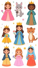 Cute cartoon princesses and animals in medieval-style attire