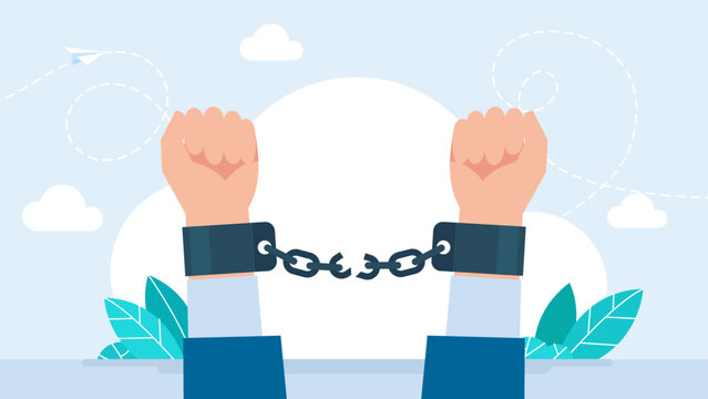 Hands with broken shackles. Strong hand clenched fist fighting for freedom against chain slavery. Struggle for liberty. Hands breaking chain with extreme power. Freedom concept.Vector illustration