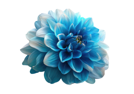 Close-up of a vibrant blue and white dahlia.  Its many petals create a full, rounded form.  Soft focus on the center