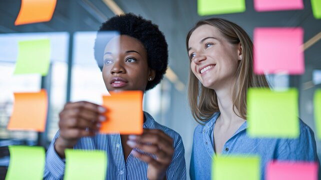 Diverse team brainstorming innovative solutions using sticky notes in modern office setting, collaborative and creative