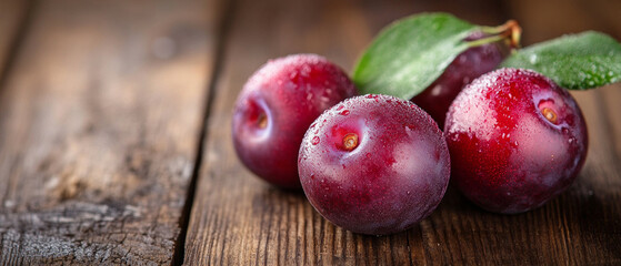 Juicy plums with dewdrops on a wooden table are useful for culinary blogs, articles on healthy eating, and advertisements for farm products.