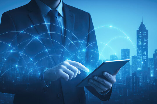 Man in suit with tablet displaying digital network connections over a nighttime cityscape businessman
