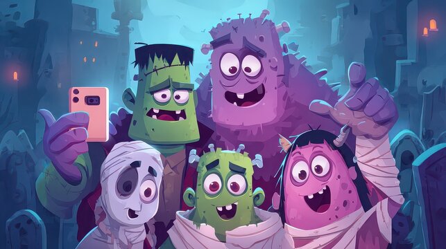 Group of cartoon monsters taking a selfie in a graveyard at night with a smartphone device in hand