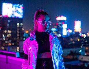 &bdquo;Cyberpunk fashion and futuristic urban lifestyle with neon lights and high-tech clothing.&ldquo;