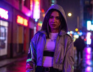 &bdquo;Cyberpunk fashion and futuristic urban lifestyle with neon lights and high-tech clothing.&ldquo;