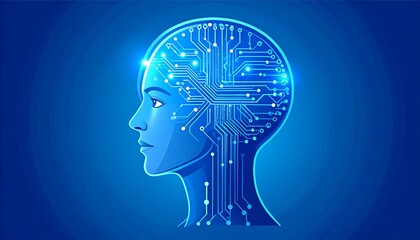 Obraz premium Artificial Intelligence Circuit Board Human Head Profile on Blue Background