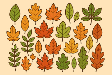Autumn leaves collection. Big set of fall foliage design elements. Vector illustration of various leaf types like maple and oak. Seasonal nature icons for decoration and design.