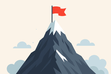 Mountain peak with red flag on the summit. Business goal and success concept. Metaphor for achievement, leadership, mission accomplished, and overcoming challenges. Vector.