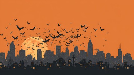 A spooky halloween cityscape with bats flying in front of a full moon and orange sky background