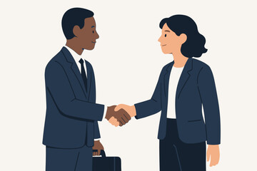 Diverse business people, a Black man and a woman, shaking hands. Concept of partnership, successful deal, greeting, or agreement. Corporate cooperation and welcome.