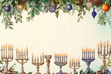 Beautifully arranged Hanukkah menorah with lit candles glowing softly in a peaceful setting