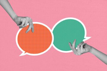 Artwork full image art collage of hands show bubble communication chatterbox speech icon dialogue talk conversation cloud