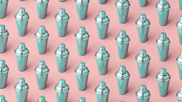 Creative bartender concept with rows of shakers on a pink surface