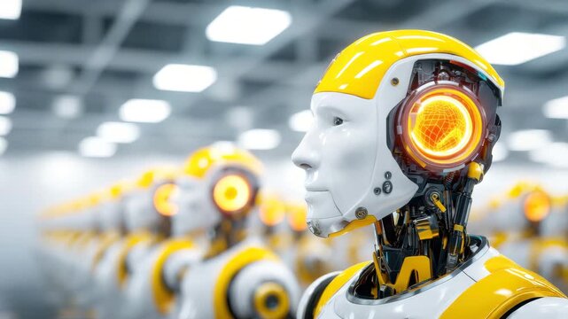 Futuristic robot and android with yellow and white design, artificial intelligence, glowing ear, humanoid face, advanced technology, standing row modern factory, innovation, emotionless expression