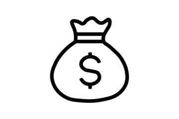 The image shows a money bag icon with a dollar sign ($) in the center. It symbolizes wealth, profit, savings, financial growth, investment, and revenue.