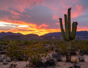 Desert sunset with saguaro cactus