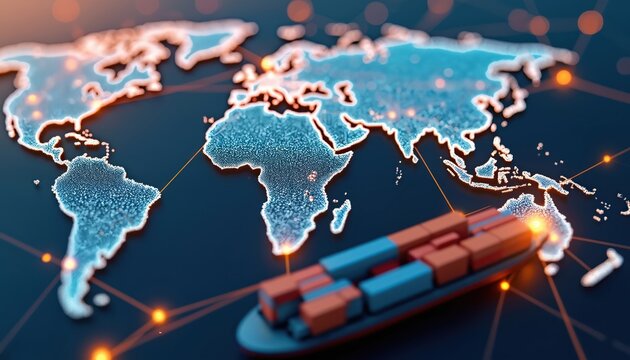 Digital representation of global supply chain network connecting shipping routes, distribution hubs. Futuristic visualization of worldwide logistics, trade, economic connectivity through