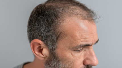 Close up of middle aged man with thinning hair and visible scalp showing natural hair loss and gray strands, highlighting aging and hair texture in neutral background