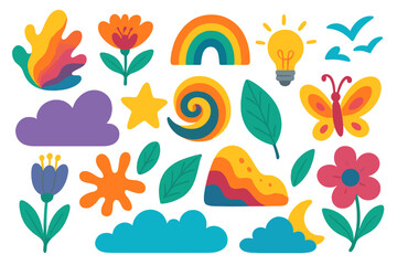 Set of colorful abstract shapes and nature elements. Modern flat design cartoon sticker pack with flower, rainbow, butterfly, cloud, and idea lightbulb. Vector clip art collection.