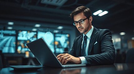 A person working at a laptop, with graphs and charts superimposed on it. hands of a person typing on a laptop keyboard. transparent graphs and charts creating the effect of working with data.