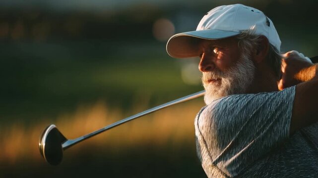 Elderly man playing golf outdoors in golden sunset light, enjoying leisure activity, focused on swing, wearing cap and casual shirt, surrounded by lush greenery