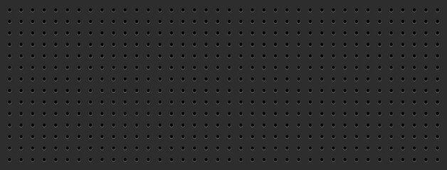 Seamless vector pegboard texture. Dark gray metallic background with uniform round holes. Ideal for industrial or modern tech designs.