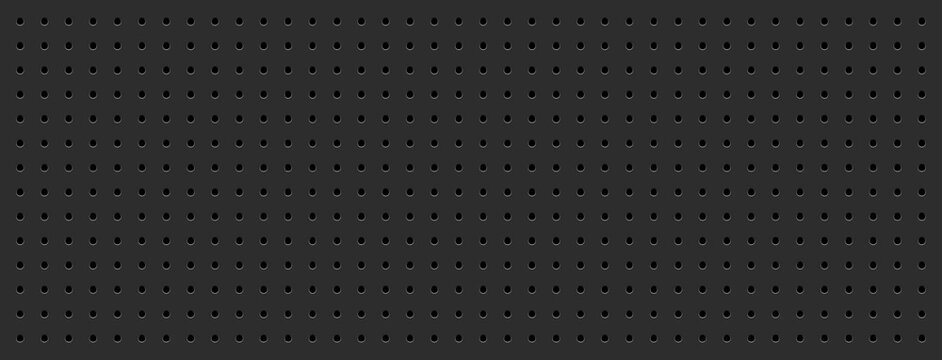 Seamless vector pegboard texture. Dark gray metallic background with uniform round holes. Ideal for industrial or modern tech designs.