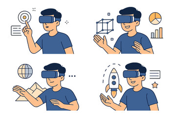Man in VR headset interacting with virtual reality. Character in goggles exploring metaverse. AR tech simulation, futuristic concept set. Business data, gaming, and travel.