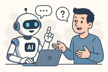 AI chat bot concept. Artificial intelligence robot character answering question. Man having conversation with virtual assistant. Customer support service technology vector.