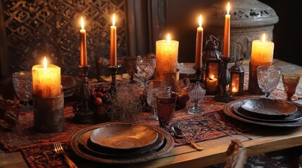 A richly decorated table set with candles plates and glasses in a dimly lit atmospheric setting