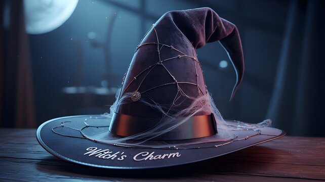 A witch's hat adorned with cobwebs and magical symbols, set against a mystical moonlit background