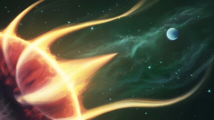 Vibrant cosmic scene featuring a fiery nebula and distant planet against a starry backdrop