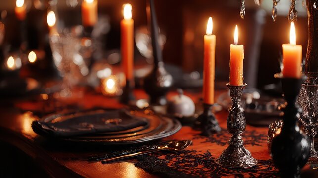 A halloween table setting with orange candles and dark accents creating a spooky atmosphere for a dinner party