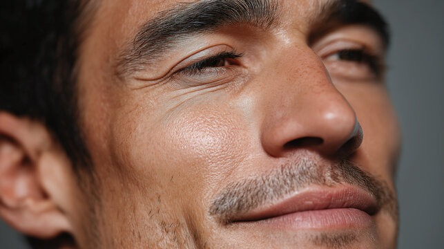 Close up of handsome man with smooth luminous skin and slight facial hair, showing calm and confident expression with eyes partially closed in soft lighting