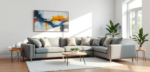 Sunlit grey corner sofa with patterned pillows, abstract painting, white rug in bright living room,  chic,  decor