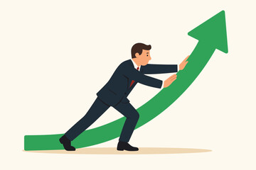 Businessman pushing a green arrow up. Concept of changing direction of business. Growth and positive increased profits. Simple flat vector illustration for company or organisation.