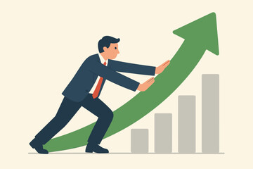 Businessman pushing green arrow up. Business growth and success concept. Financial graph increase. Profit and sales improvement. Leadership and motivation for company organisation.