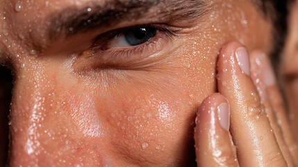 Fototapeta premium Close up of man with wet skin touching his face, showing water droplets and natural texture, highlighting skincare and freshness with focused eye expression