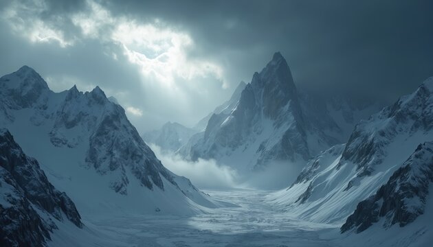 Dramatic snowy mountain range under stormy skies. Jagged peaks rise through mist and fog, creating a desolate, majestic winter landscape. Sunbeams break through clouds, illuminating rugged terrain.