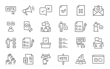Voting web icons in line style. Vote box, candidates, form, approved, checklist, online, rating, collection. Vector illustration.