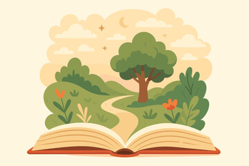 Open book with a fantasy nature landscape emerging from its pages. Concept for imagination, storytelling, literature, and reading. Getting lost in a magical world. Vector.
