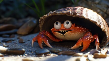 Scared crab cartoon hiding in a shell, cartoon-style fear