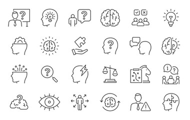 Critical thinking web icons in line style. Facts, think, analyzing, problem-solving, rational, decision making, collection. Vector illustration.