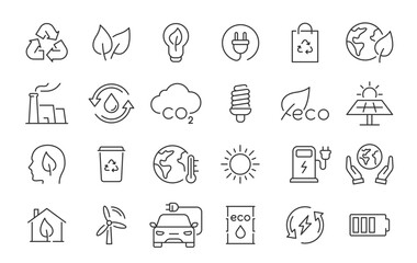 Ecology and Energy web icons in line style. Nature green, electric car, organic, renewable energy, green technology, environmental energy collection. Vector illustration.