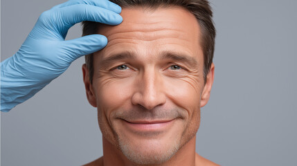 Man with smooth tan skin smiling while hand in blue glove touches his forehead, showing relaxed and confident expression in close up portrait